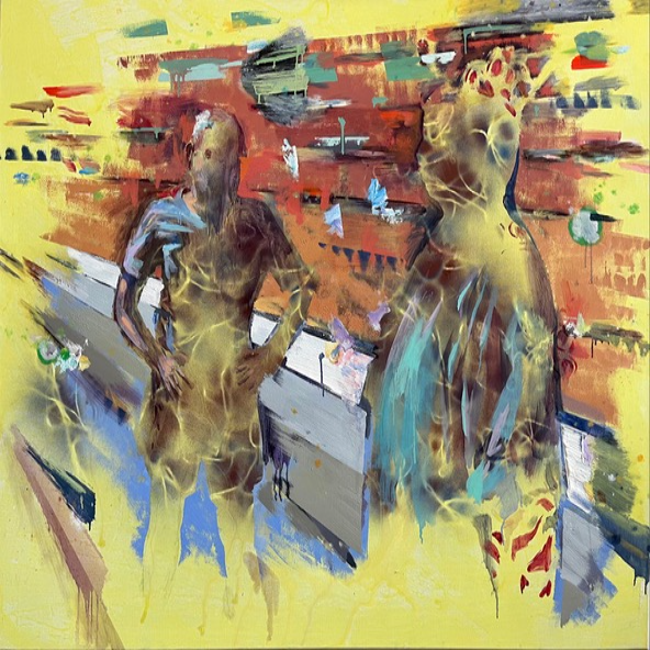 ©Copyright Mathias Schauwecker, Golden Godzilla, acrylique sur papier marouflé sur toile, 73 x 60, 2024