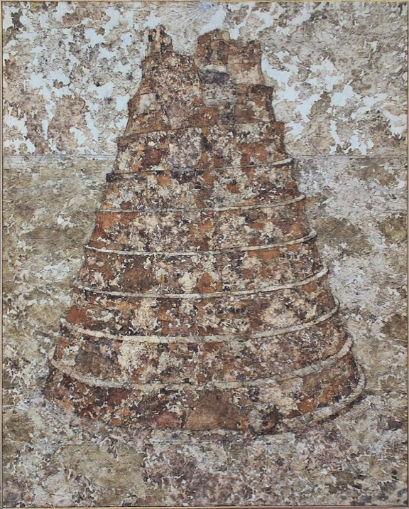 ©Kai Masayuki, Tour de Babel, tissu enterré marouflé sur toile, 162 x 130 cm, 2019.